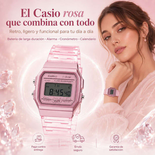 Reloj Casio F-91W Original Rosa Digital para Mujer