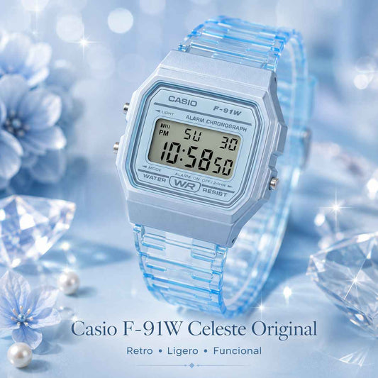 Casio F-91W Celeste Original – Reloj Digital Retro para Mujer